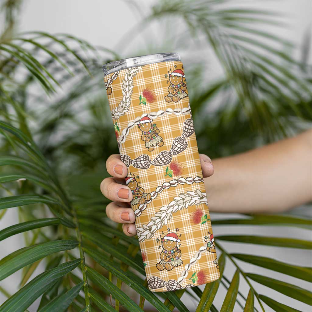 Gold Palaka Hawaii Mele Kalikimaka Skinny Tumbler Ohia Lehua Shell Leis Funny Gingerbread Santa LT14 - Polynesian Pride