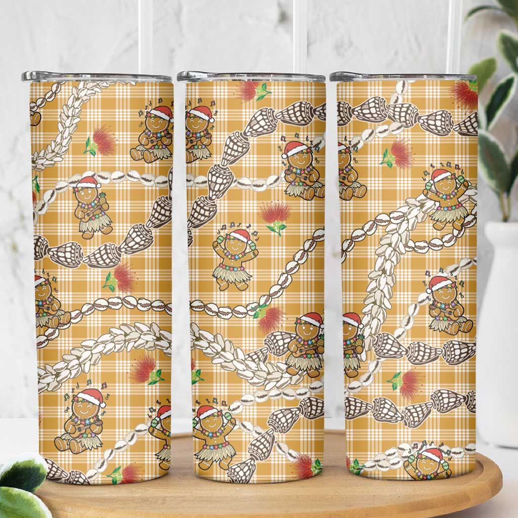 Gold Palaka Hawaii Mele Kalikimaka Skinny Tumbler Ohia Lehua Shell Leis Funny Gingerbread Santa LT14 - Polynesian Pride