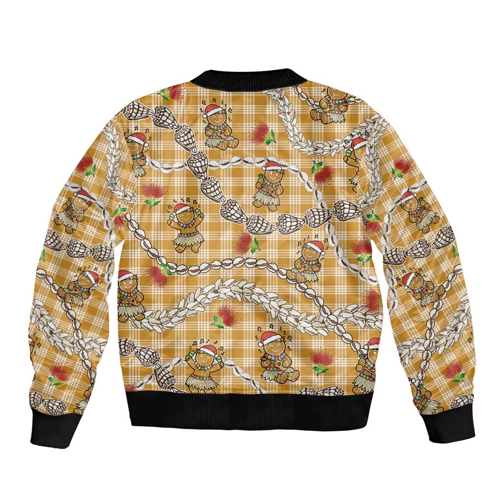 Gold Palaka Hawaii Mele Kalikimaka Sleeve Zip Bomber Jacket Ohia Lehua Shell Leis Funny Gingerbread Santa - Polynesian Pride