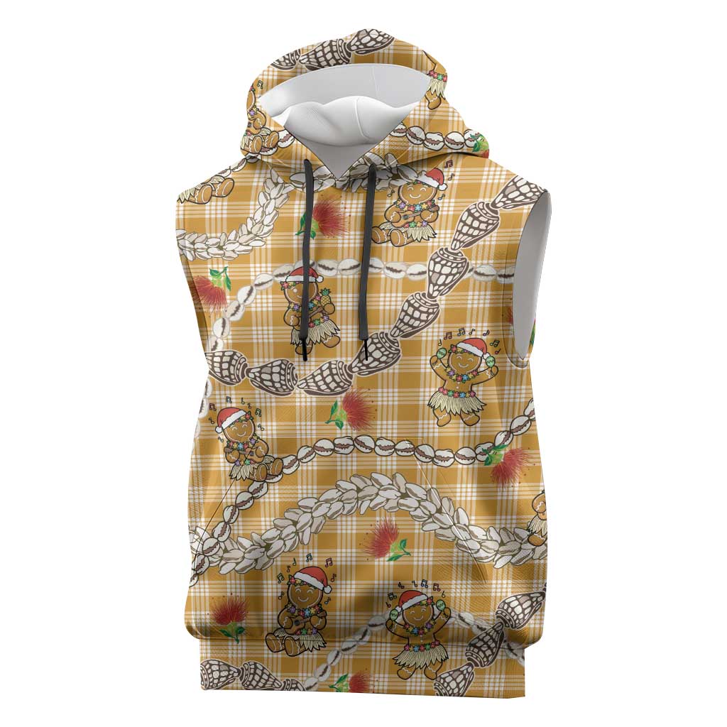 Gold Palaka Hawaii Mele Kalikimaka Sleeveless Hoodie Ohia Lehua Shell Leis Funny Gingerbread Santa - Polynesian Pride
