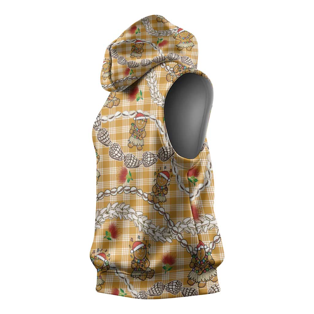 Gold Palaka Hawaii Mele Kalikimaka Sleeveless Hoodie Ohia Lehua Shell Leis Funny Gingerbread Santa - Polynesian Pride