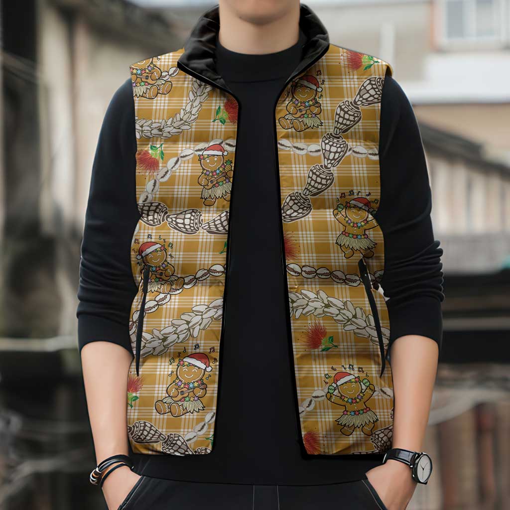 Gold Palaka Hawaii Mele Kalikimaka Sleeveless Puffer Jacket Ohia Lehua Shell Leis Funny Gingerbread Santa - Polynesian Pride