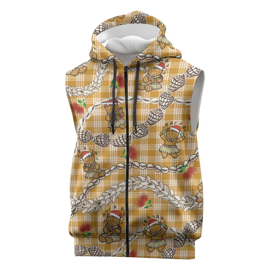 Gold Palaka Hawaii Mele Kalikimaka Sleeveless Zip Hoodie Ohia Lehua Shell Leis Funny Gingerbread Santa - Polynesian Pride