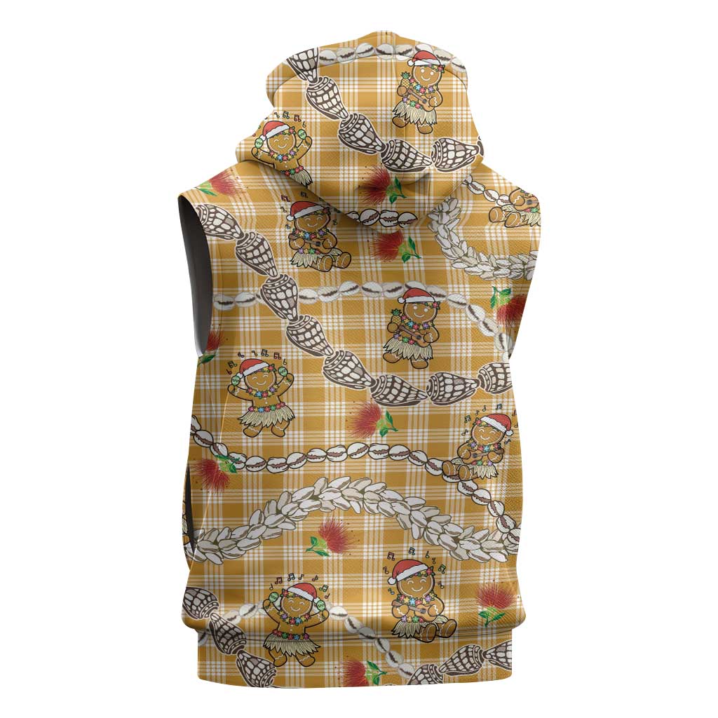 Gold Palaka Hawaii Mele Kalikimaka Sleeveless Zip Hoodie Ohia Lehua Shell Leis Funny Gingerbread Santa - Polynesian Pride