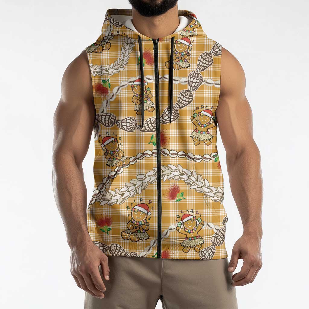 Gold Palaka Hawaii Mele Kalikimaka Sleeveless Zip Hoodie Ohia Lehua Shell Leis Funny Gingerbread Santa - Polynesian Pride