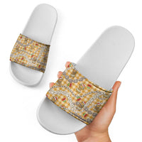 Gold Palaka Hawaii Mele Kalikimaka Slide Sandals Ohia Lehua Shell Leis Funny Gingerbread Santa - Polynesian Pride