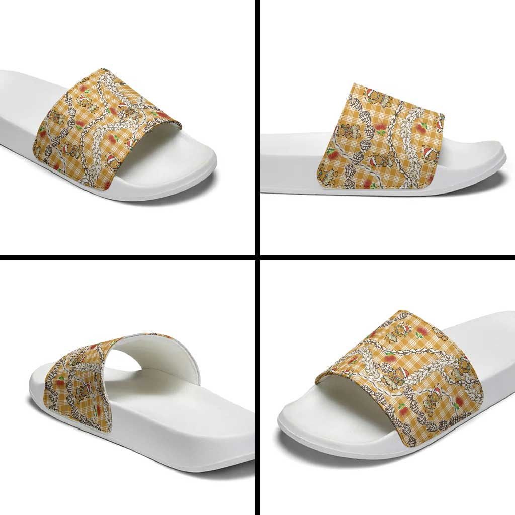 Gold Palaka Hawaii Mele Kalikimaka Slide Sandals Ohia Lehua Shell Leis Funny Gingerbread Santa - Polynesian Pride
