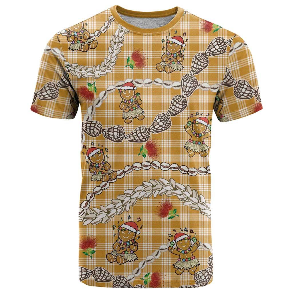 Gold Palaka Hawaii Mele Kalikimaka T Shirt Ohia Lehua Shell Leis Funny Gingerbread Santa - Polynesian Pride
