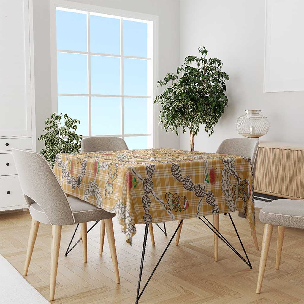 Gold Palaka Hawaii Mele Kalikimaka Tablecloth Ohia Lehua Shell Leis Funny Gingerbread Santa - Polynesian Pride