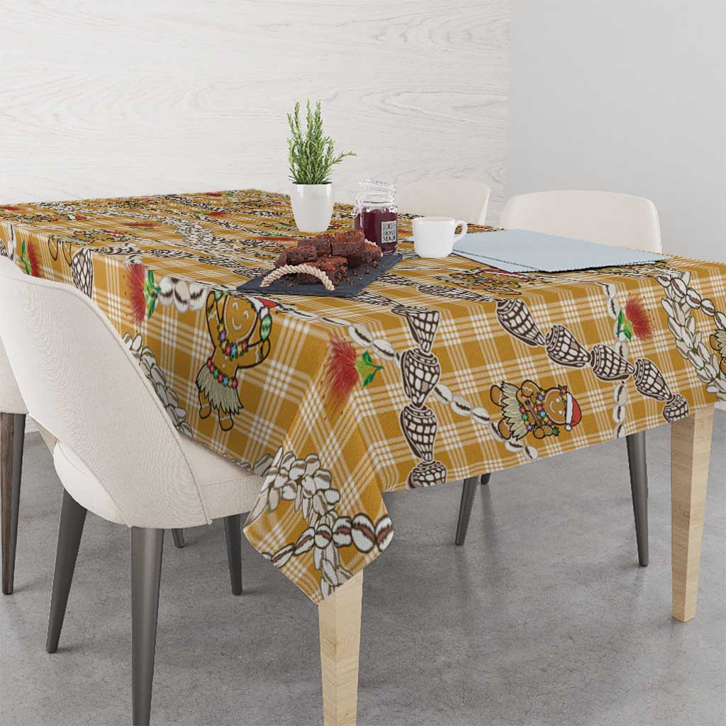 Gold Palaka Hawaii Mele Kalikimaka Tablecloth Ohia Lehua Shell Leis Funny Gingerbread Santa - Polynesian Pride
