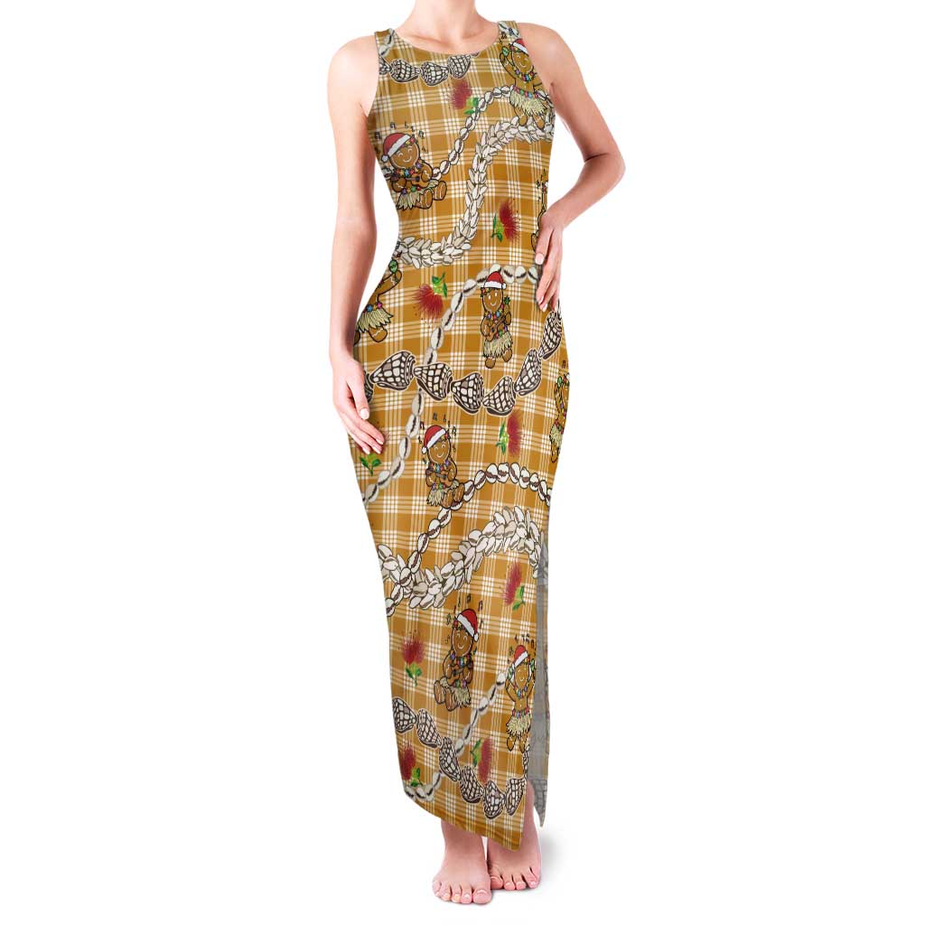 Gold Palaka Hawaii Mele Kalikimaka Tank Maxi Dress Ohia Lehua Shell Leis Funny Gingerbread Santa - Polynesian Pride