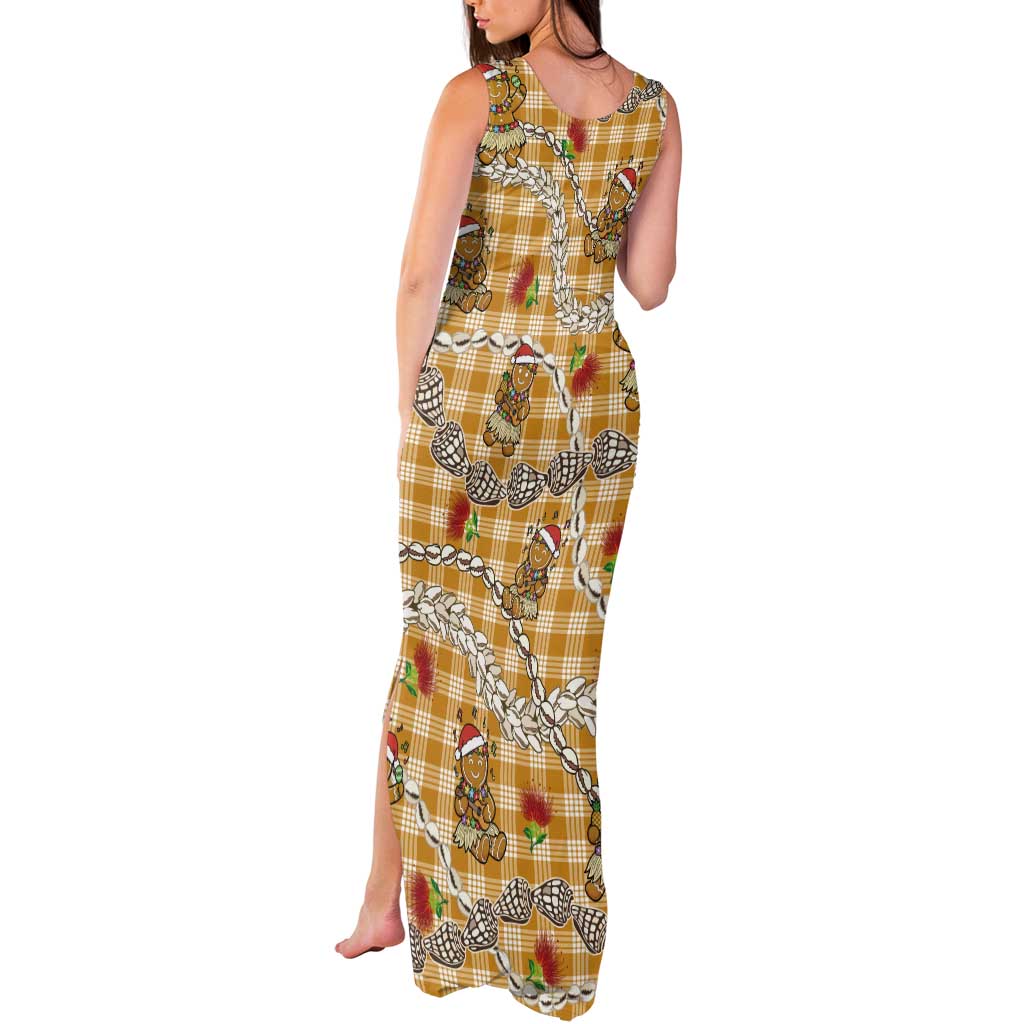 Gold Palaka Hawaii Mele Kalikimaka Tank Maxi Dress Ohia Lehua Shell Leis Funny Gingerbread Santa - Polynesian Pride