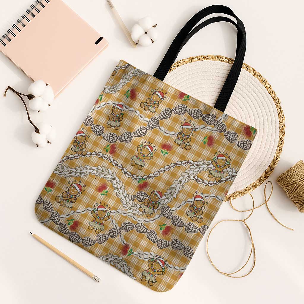 Gold Palaka Hawaii Mele Kalikimaka Tote Bag Ohia Lehua Shell Leis Funny Gingerbread Santa - Polynesian Pride