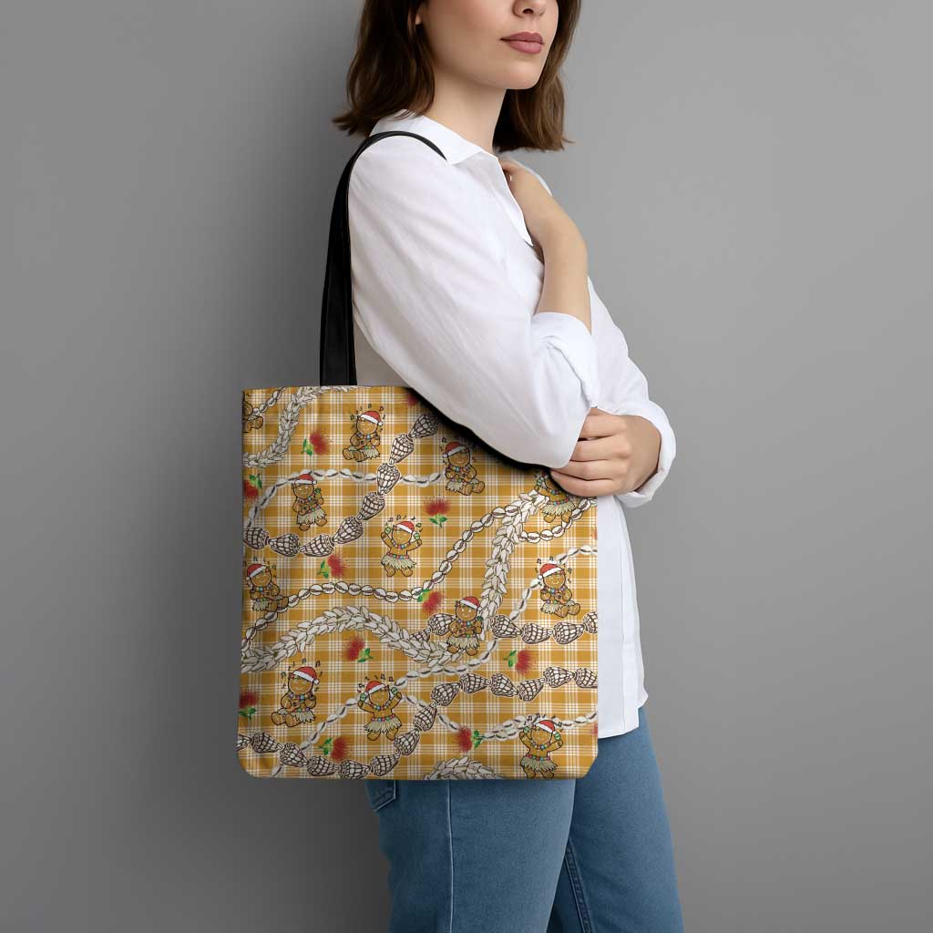 Gold Palaka Hawaii Mele Kalikimaka Tote Bag Ohia Lehua Shell Leis Funny Gingerbread Santa - Polynesian Pride