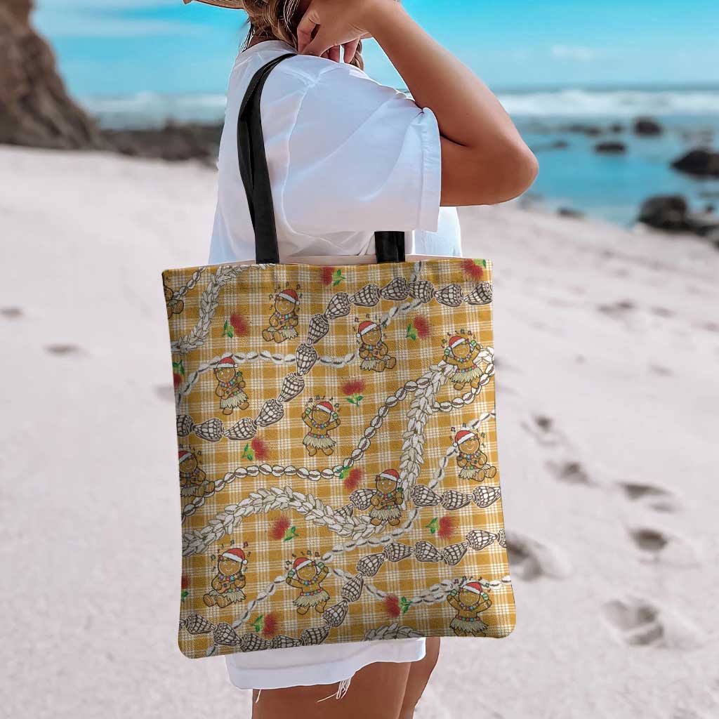 Gold Palaka Hawaii Mele Kalikimaka Tote Bag Ohia Lehua Shell Leis Funny Gingerbread Santa - Polynesian Pride