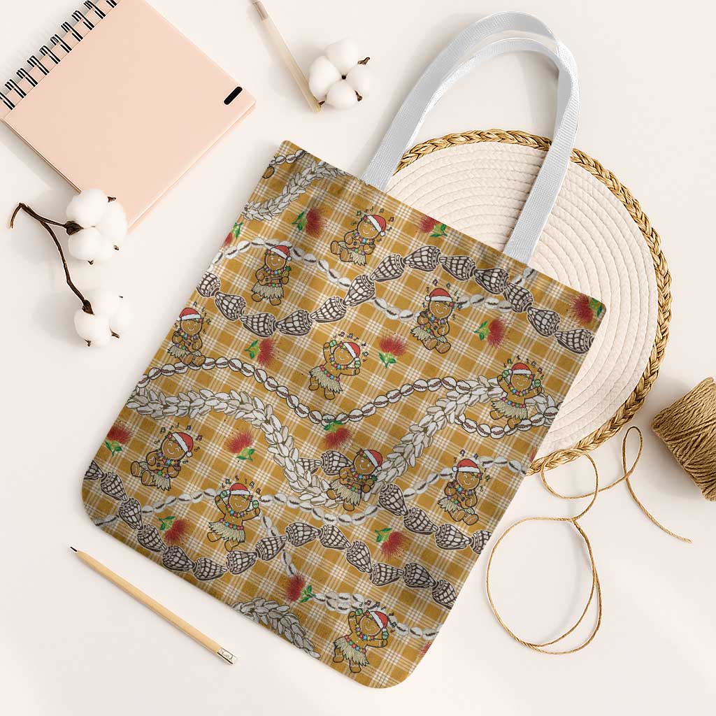 Gold Palaka Hawaii Mele Kalikimaka Tote Bag Ohia Lehua Shell Leis Funny Gingerbread Santa - Polynesian Pride