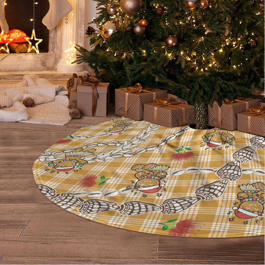Gold Palaka Hawaii Mele Kalikimaka Tree Skirt Ohia Lehua Shell Leis Funny Gingerbread Santa - Polynesian Pride
