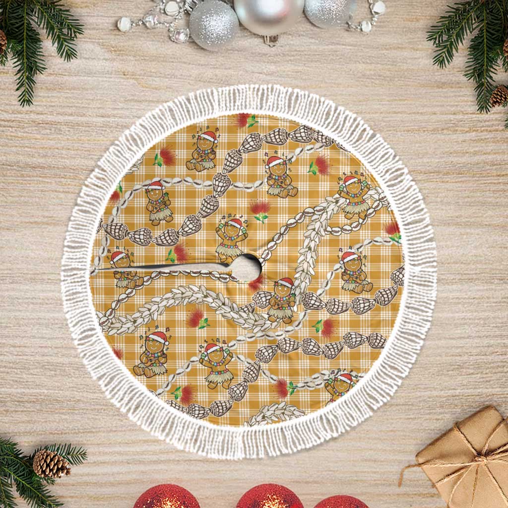 Gold Palaka Hawaii Mele Kalikimaka Tree Skirt Ohia Lehua Shell Leis Funny Gingerbread Santa - Polynesian Pride
