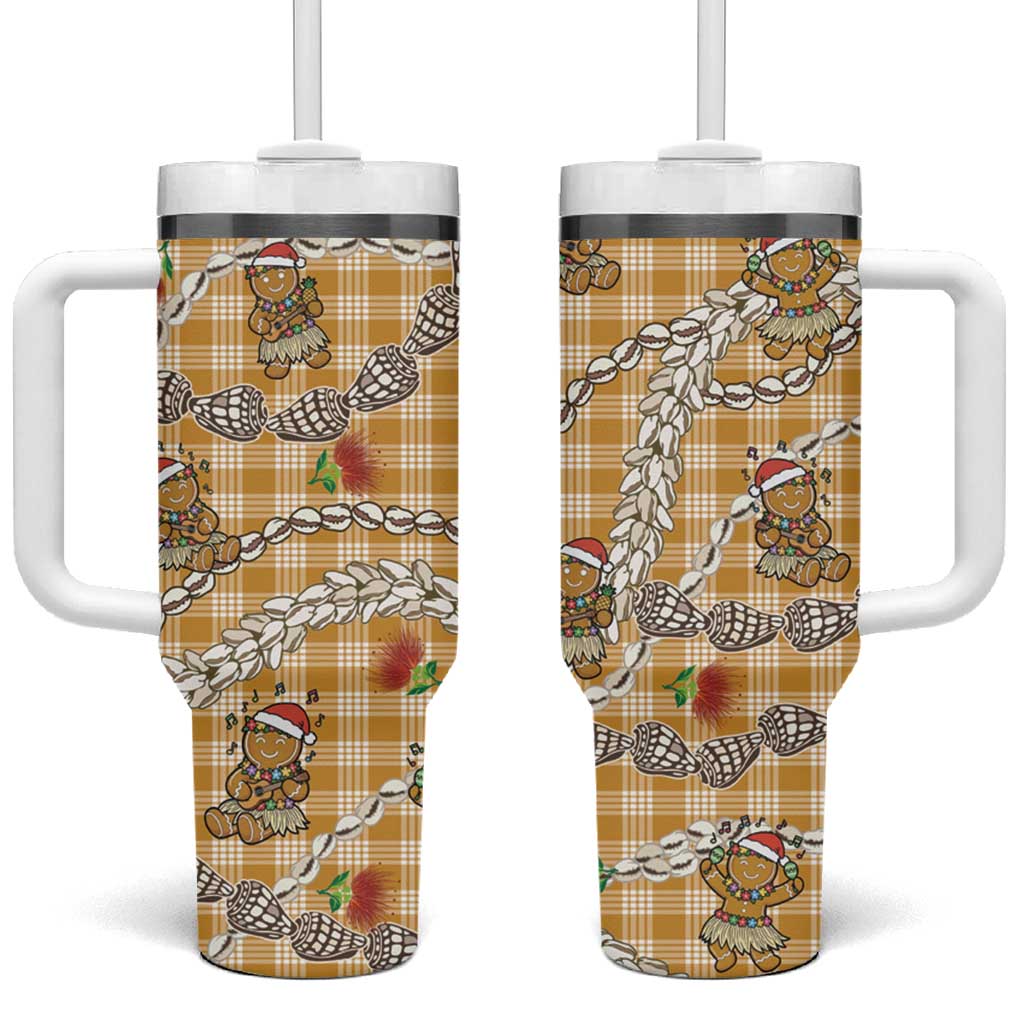 Gold Palaka Hawaii Mele Kalikimaka Tumbler With Handle Ohia Lehua Shell Leis Funny Gingerbread Santa - Polynesian Pride