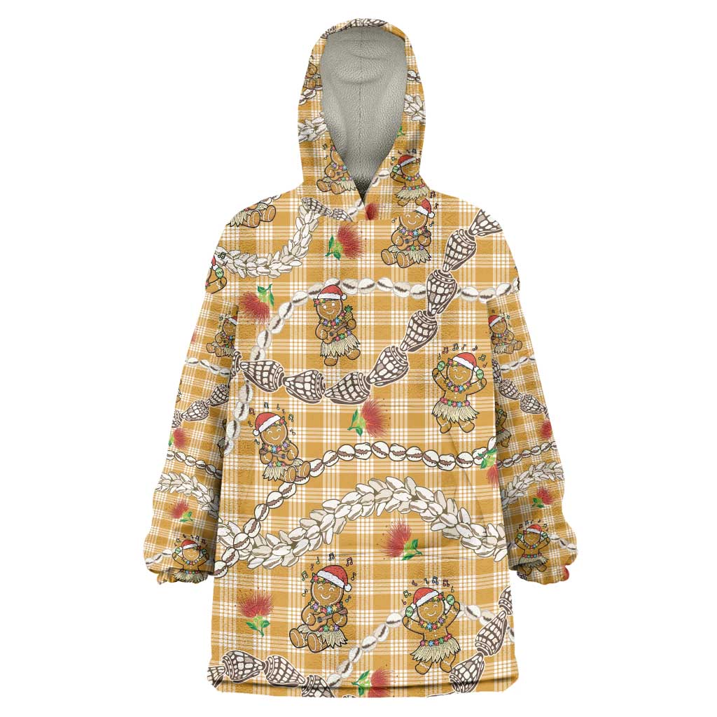 Gold Palaka Hawaii Mele Kalikimaka Wearable Blanket Hoodie Ohia Lehua Shell Leis Funny Gingerbread Santa - Polynesian Pride
