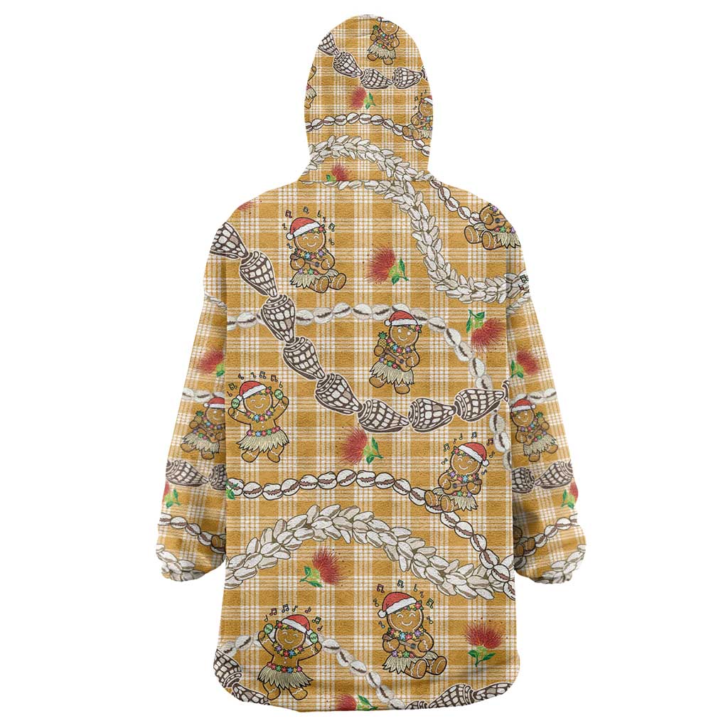 Gold Palaka Hawaii Mele Kalikimaka Wearable Blanket Hoodie Ohia Lehua Shell Leis Funny Gingerbread Santa - Polynesian Pride