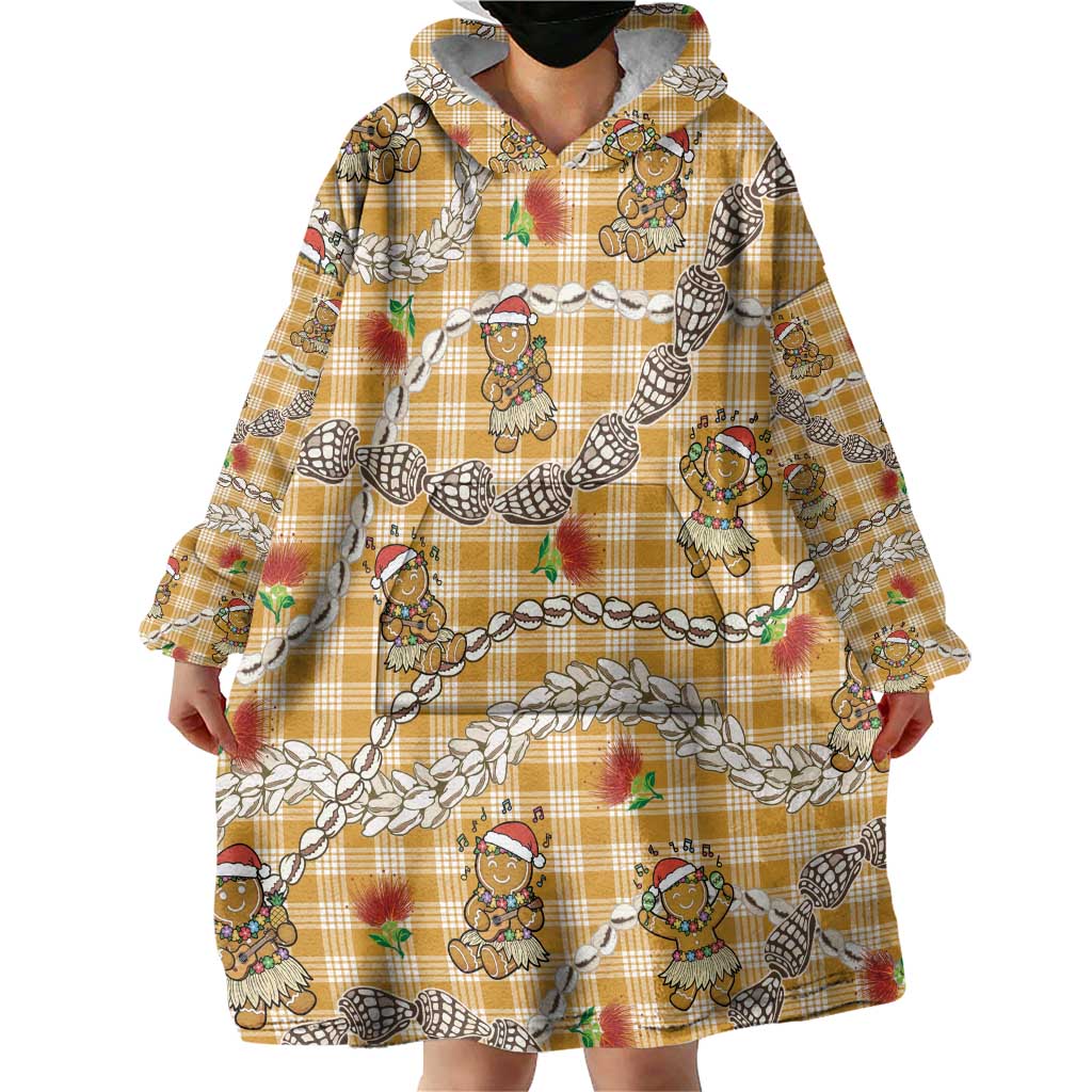 Gold Palaka Hawaii Mele Kalikimaka Wearable Blanket Hoodie Ohia Lehua Shell Leis Funny Gingerbread Santa - Polynesian Pride