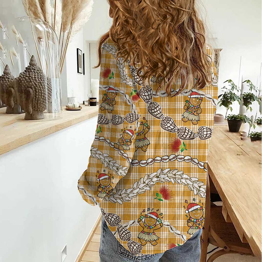 Gold Palaka Hawaii Mele Kalikimaka Women Casual Shirt Ohia Lehua Shell Leis Funny Gingerbread Santa LT14 - Polynesian Pride