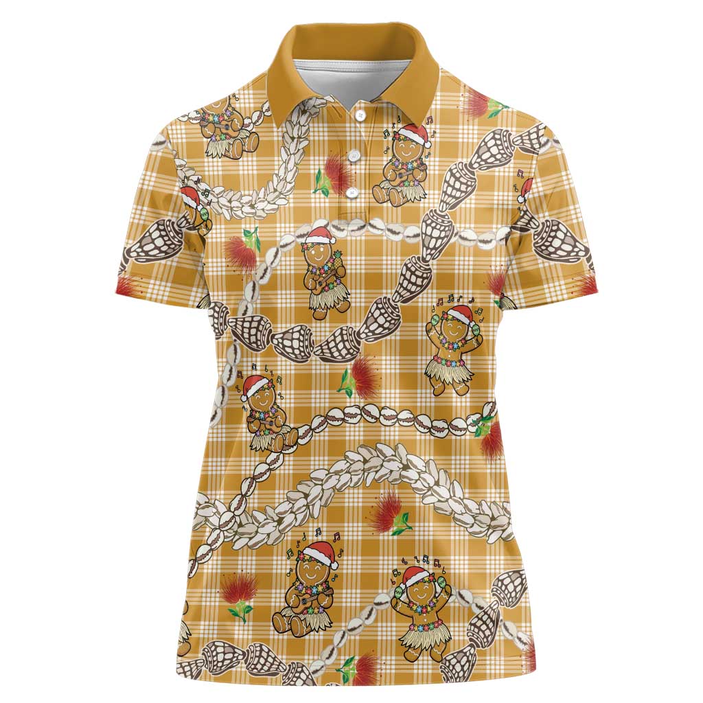 Gold Palaka Hawaii Mele Kalikimaka Women Polo Shirt Ohia Lehua Shell Leis Funny Gingerbread Santa - Polynesian Pride