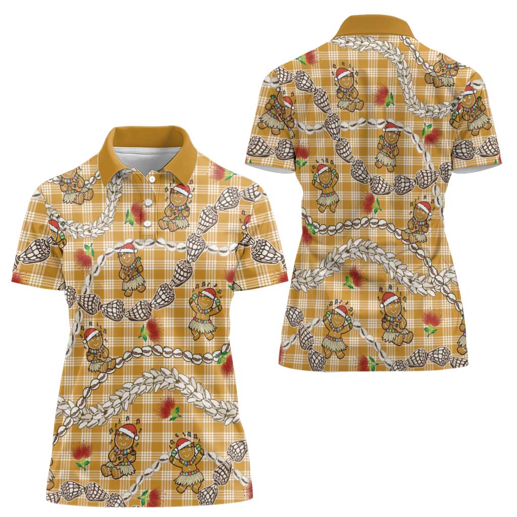 Gold Palaka Hawaii Mele Kalikimaka Women Polo Shirt Ohia Lehua Shell Leis Funny Gingerbread Santa LT14 - Polynesian Pride