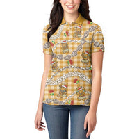 Gold Palaka Hawaii Mele Kalikimaka Women Polo Shirt Ohia Lehua Shell Leis Funny Gingerbread Santa LT14 - Polynesian Pride