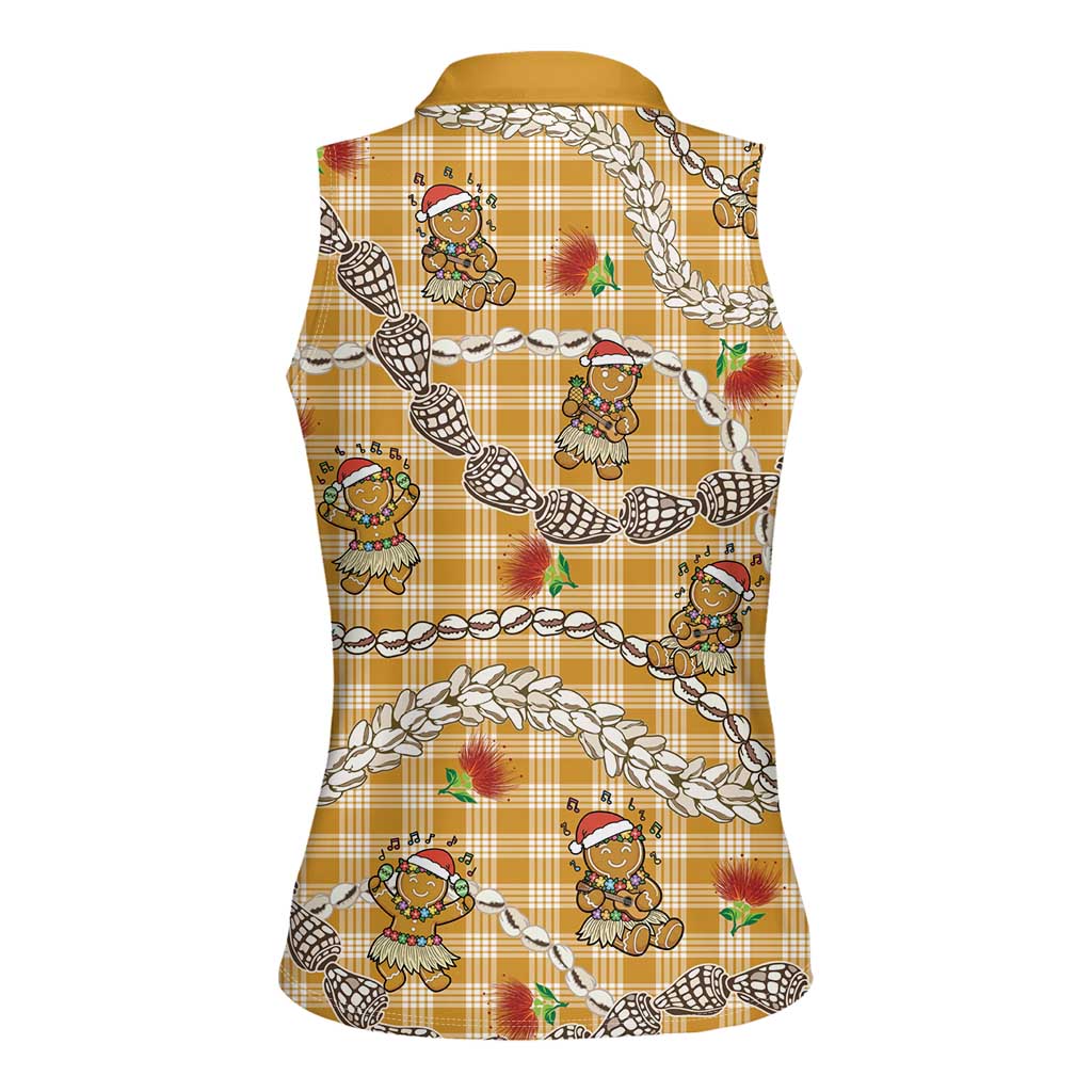 Gold Palaka Hawaii Mele Kalikimaka Women Sleeveless Polo Shirt Ohia Lehua Shell Leis Funny Gingerbread Santa LT14 - Polynesian Pride