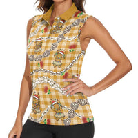 Gold Palaka Hawaii Mele Kalikimaka Women Sleeveless Polo Shirt Ohia Lehua Shell Leis Funny Gingerbread Santa LT14 - Polynesian Pride