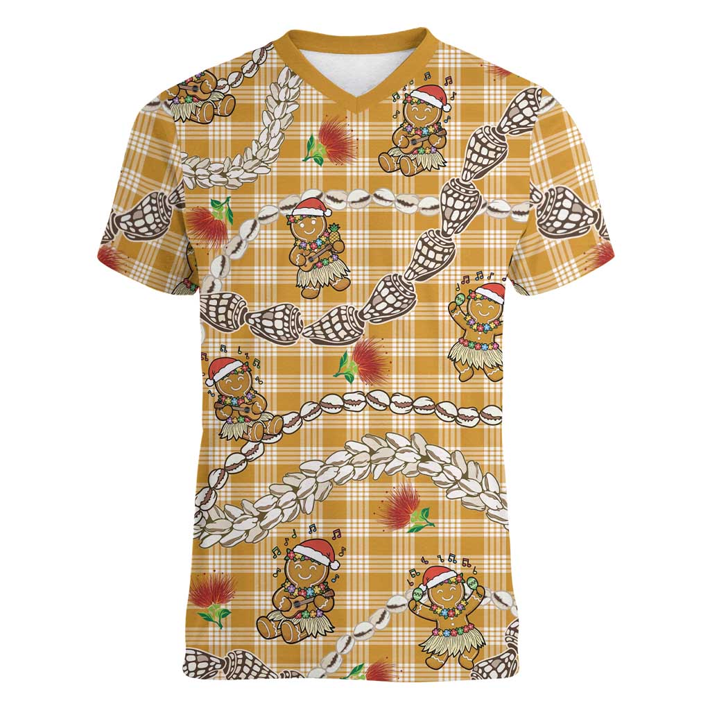 Gold Palaka Hawaii Mele Kalikimaka Women V-Neck T-Shirt Ohia Lehua Shell Leis Funny Gingerbread Santa LT14 Female Gold - Polynesian Pride
