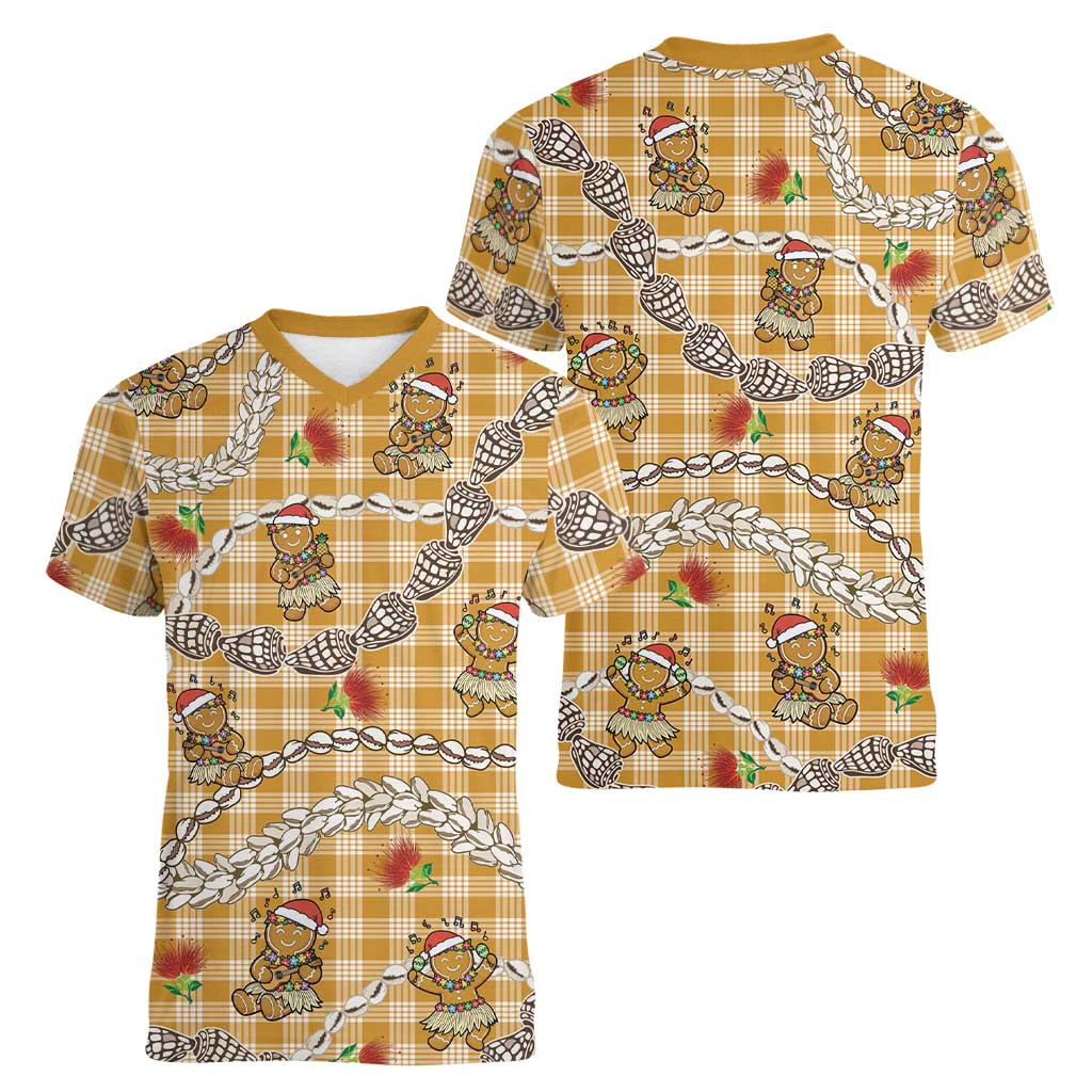 Gold Palaka Hawaii Mele Kalikimaka Women V-Neck T-Shirt Ohia Lehua Shell Leis Funny Gingerbread Santa LT14 - Polynesian Pride