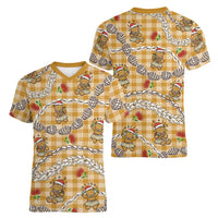 Gold Palaka Hawaii Mele Kalikimaka Women V-Neck T-Shirt Ohia Lehua Shell Leis Funny Gingerbread Santa LT14 - Polynesian Pride