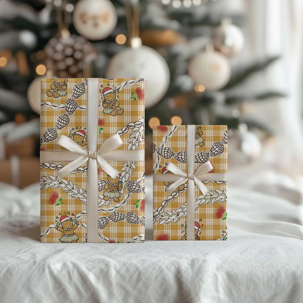 Gold Palaka Hawaii Mele Kalikimaka Wrapping Paper Ohia Lehua Shell Leis Funny Gingerbread Santa - Polynesian Pride