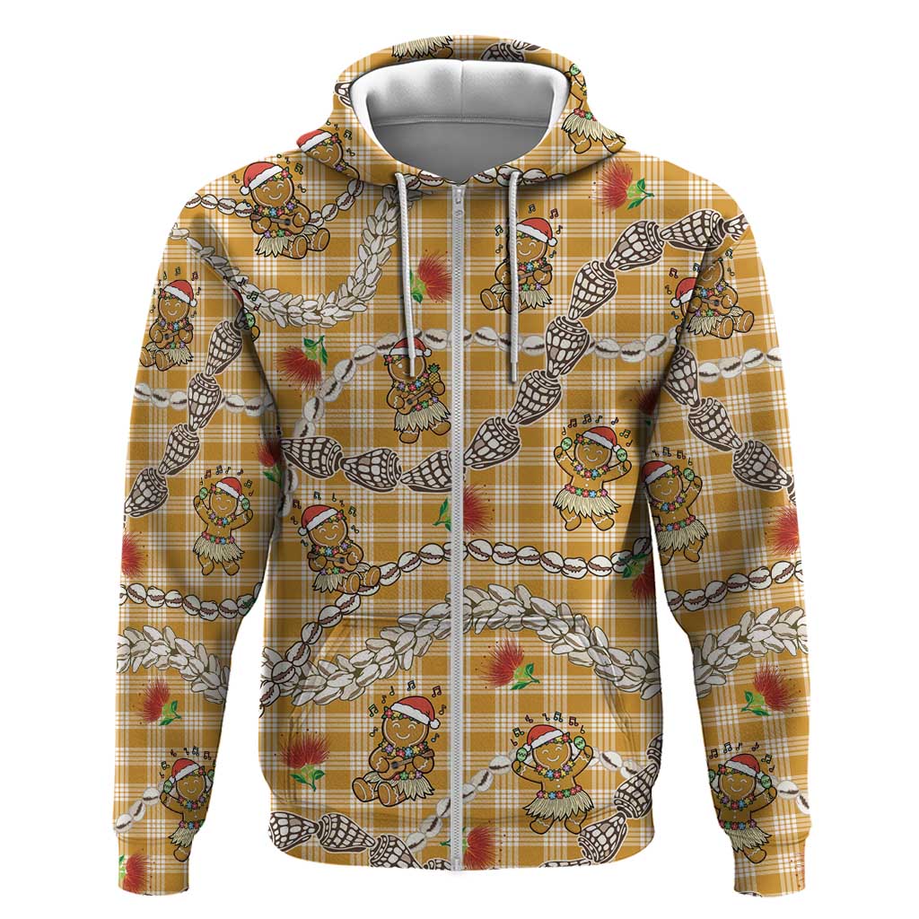 Gold Palaka Hawaii Mele Kalikimaka Zip Hoodie Ohia Lehua Shell Leis Funny Gingerbread Santa - Polynesian Pride