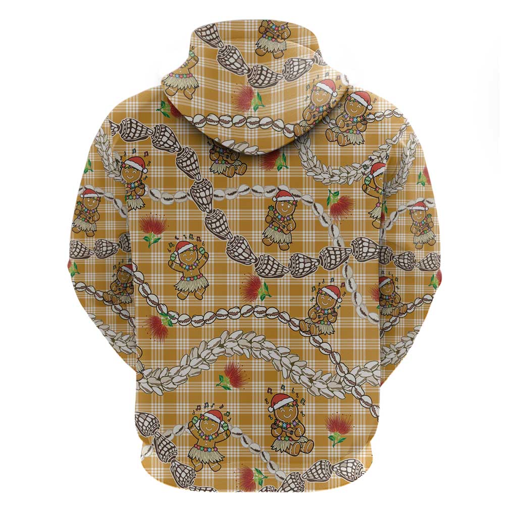 Gold Palaka Hawaii Mele Kalikimaka Zip Hoodie Ohia Lehua Shell Leis Funny Gingerbread Santa - Polynesian Pride
