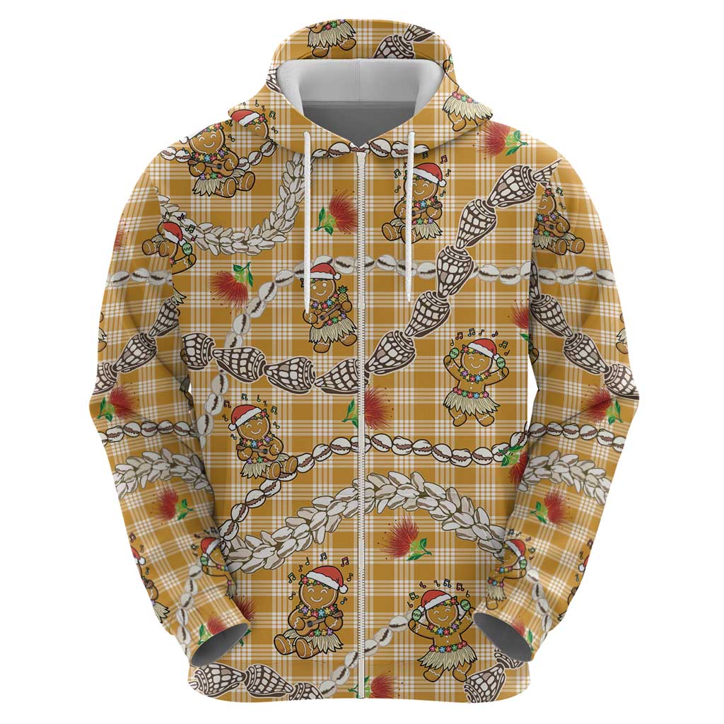 Gold Palaka Hawaii Mele Kalikimaka Zip Hoodie Ohia Lehua Shell Leis Funny Gingerbread Santa - Polynesian Pride