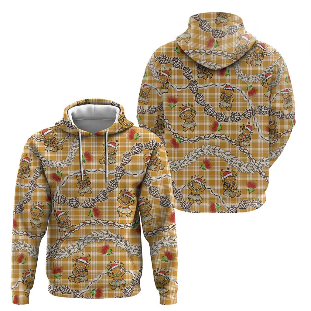 Gold Palaka Hawaii Mele Kalikimaka Zip Hoodie Ohia Lehua Shell Leis Funny Gingerbread Santa - Polynesian Pride