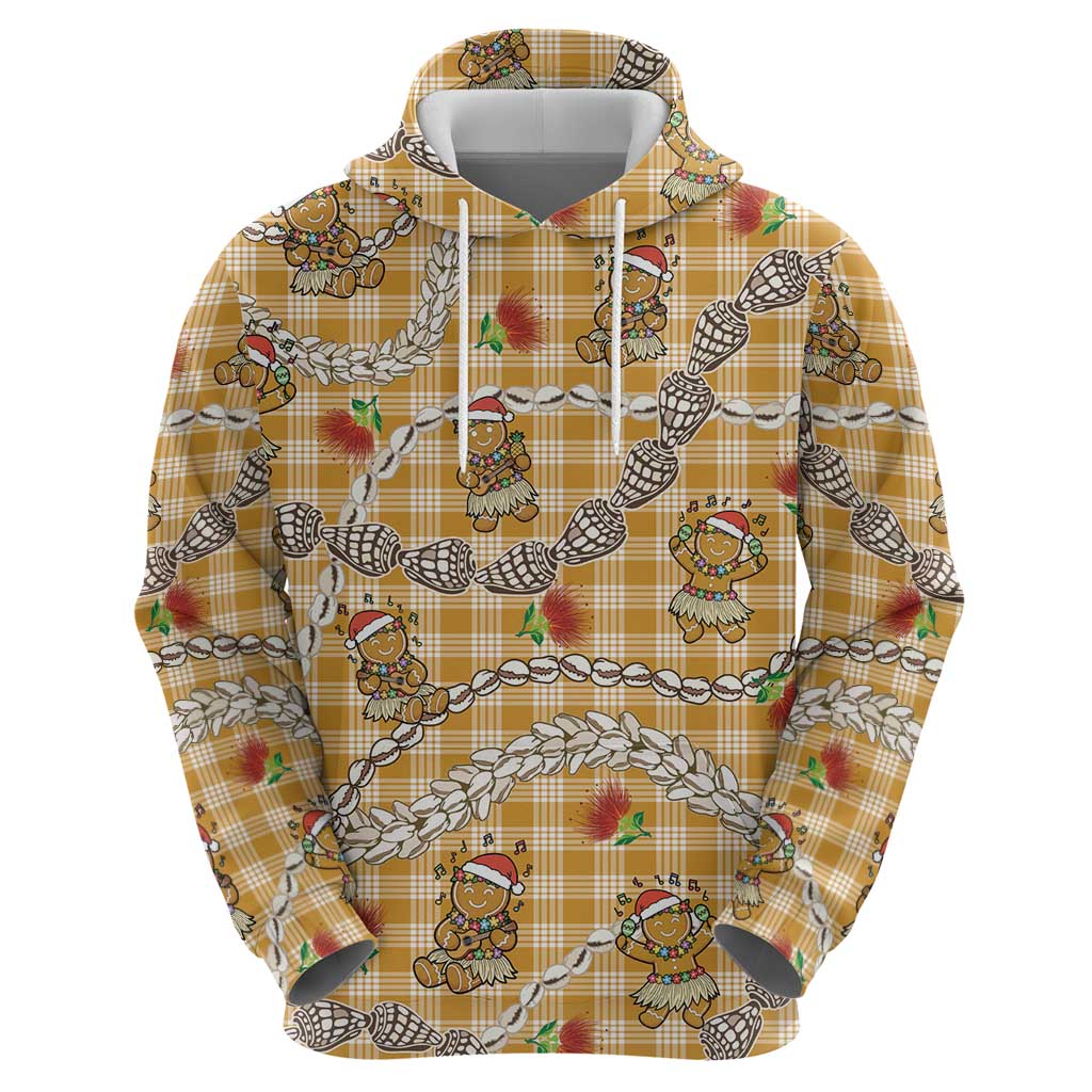 Gold Palaka Hawaii Mele Kalikimaka Zip Hoodie Ohia Lehua Shell Leis Funny Gingerbread Santa - Polynesian Pride