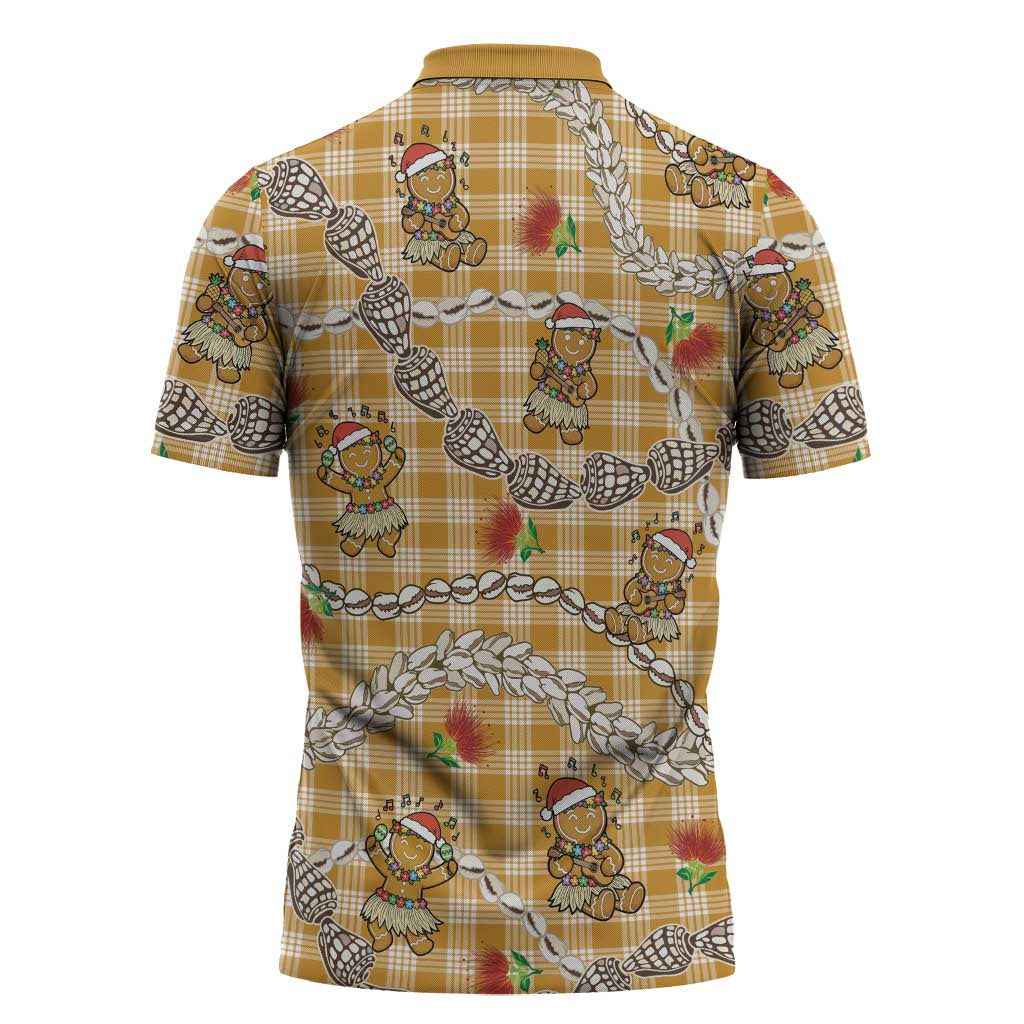 Gold Palaka Hawaii Mele Kalikimaka Zipper Polo Shirt Ohia Lehua Shell Leis Funny Gingerbread Santa - Polynesian Pride