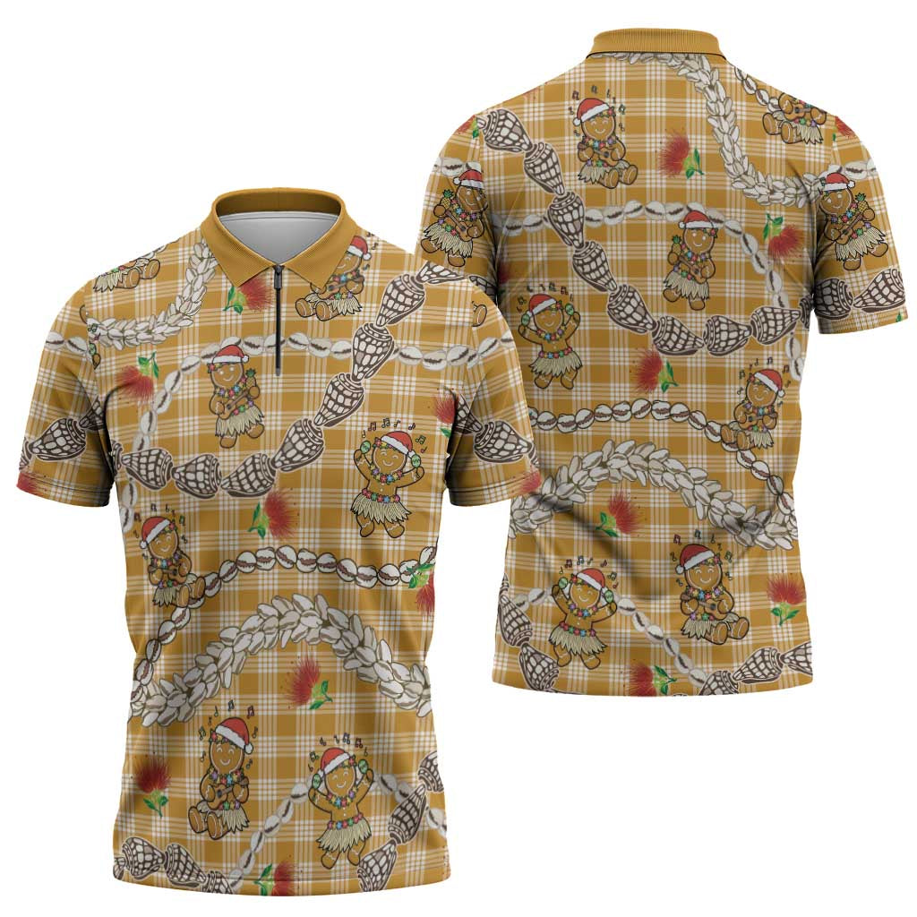 Gold Palaka Hawaii Mele Kalikimaka Zipper Polo Shirt Ohia Lehua Shell Leis Funny Gingerbread Santa - Polynesian Pride