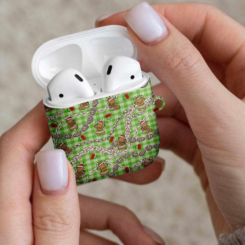 Green Palaka Hawaii Mele Kalikimaka AirPods Case Ohia Lehua Shell Leis Funny Gingerbread Santa - Polynesian Pride