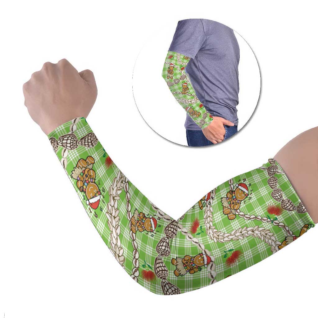 Green Palaka Hawaii Mele Kalikimaka Arm Sleeves Ohia Lehua Shell Leis Funny Gingerbread Santa - Polynesian Pride