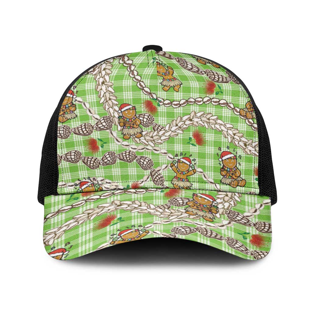 Green Palaka Hawaii Mele Kalikimaka Baseball Net Cap Ohia Lehua Shell Leis Funny Gingerbread Santa - Polynesian Pride