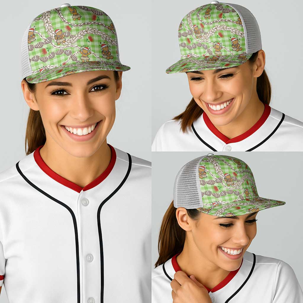 Green Palaka Hawaii Mele Kalikimaka Baseball Net Cap Ohia Lehua Shell Leis Funny Gingerbread Santa - Polynesian Pride