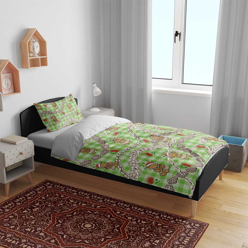 Green Palaka Hawaii Mele Kalikimaka Bedding Set Ohia Lehua Shell Leis Funny Gingerbread Santa - Polynesian Pride