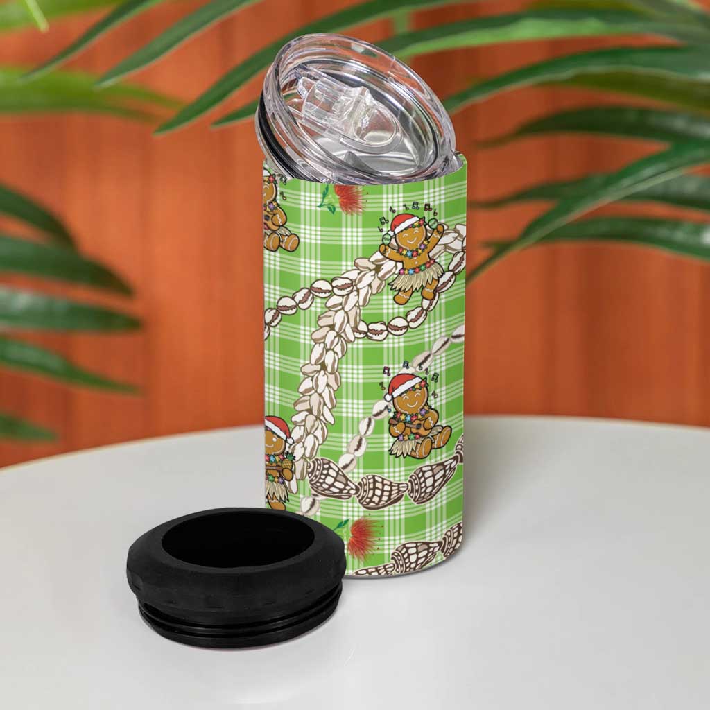 Green Palaka Hawaii Mele Kalikimaka 4 in 1 Can Cooler Tumbler Ohia Lehua Shell Leis Funny Gingerbread Santa - Polynesian Pride
