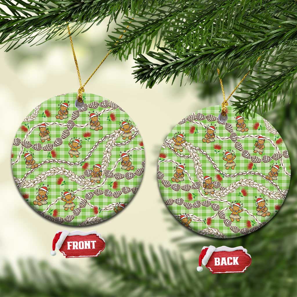 Green Palaka Hawaii Mele Kalikimaka Ceramic Ornament Ohia Lehua Shell Leis Funny Gingerbread Santa - Polynesian Pride